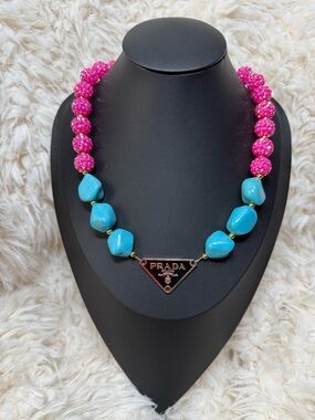 Upcycled Prada Pendant Pink Beaded & Turquoise Stone Logo Necklace